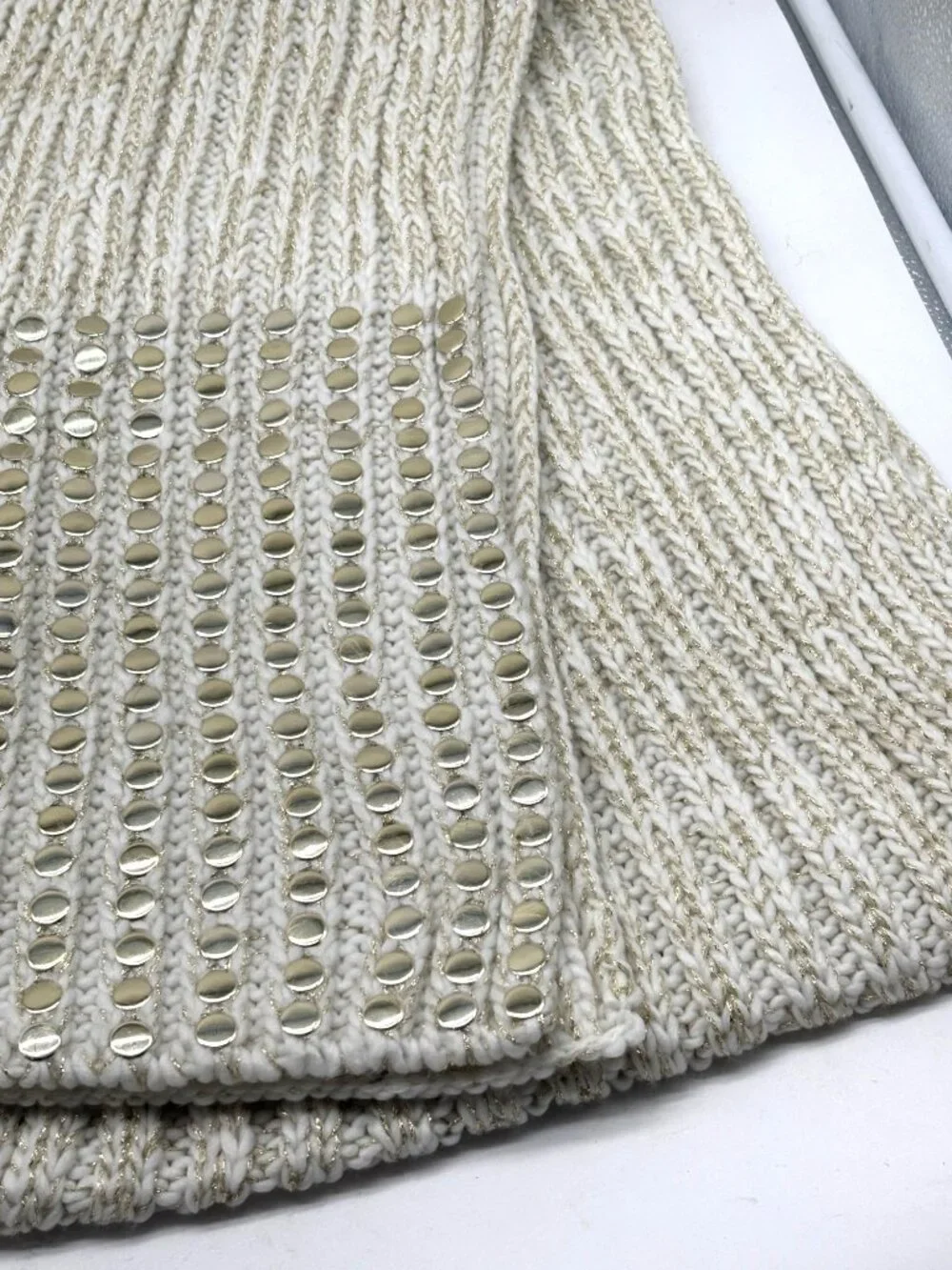 DKNY Flat-Stud Metallic Rib-Knit Scarf, Ivory/Gold